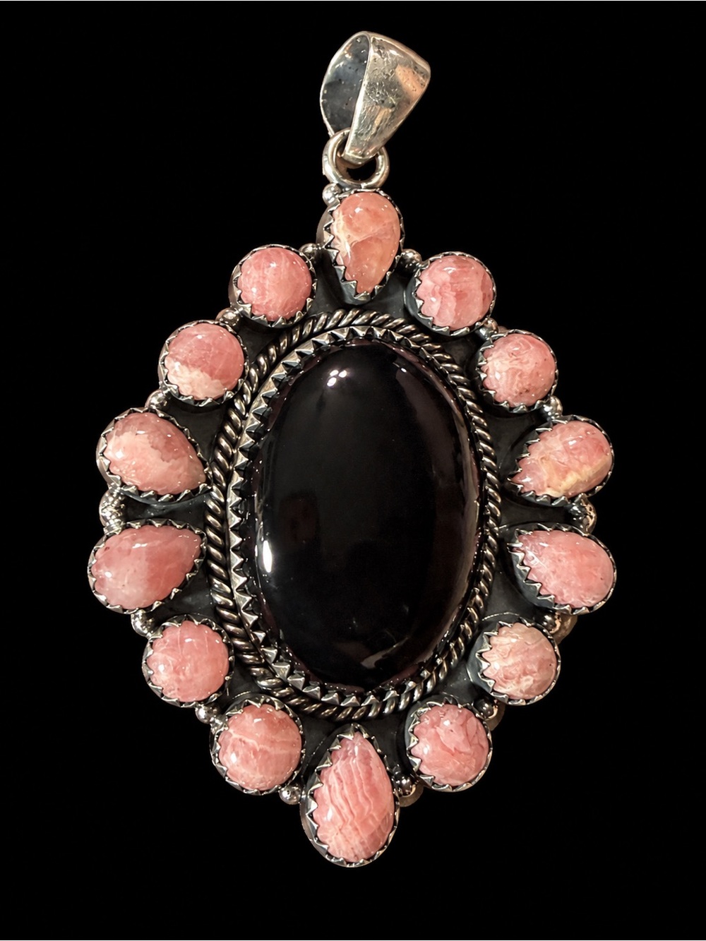 Large Rhodochrosite & Black Onyx Sterling Silver Statement Pendant – 27.7g
